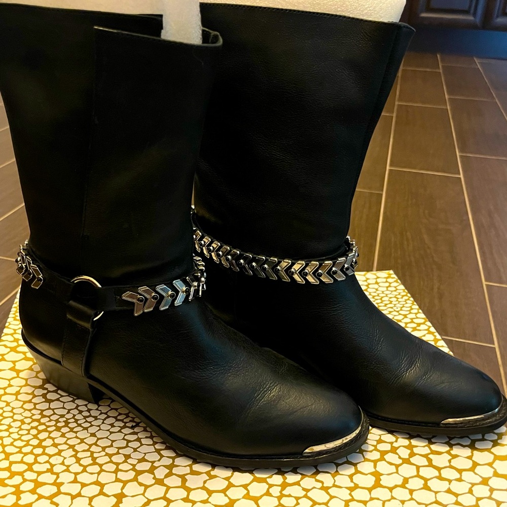 Black genuine leather boots with silver accents Size 9. Includes box